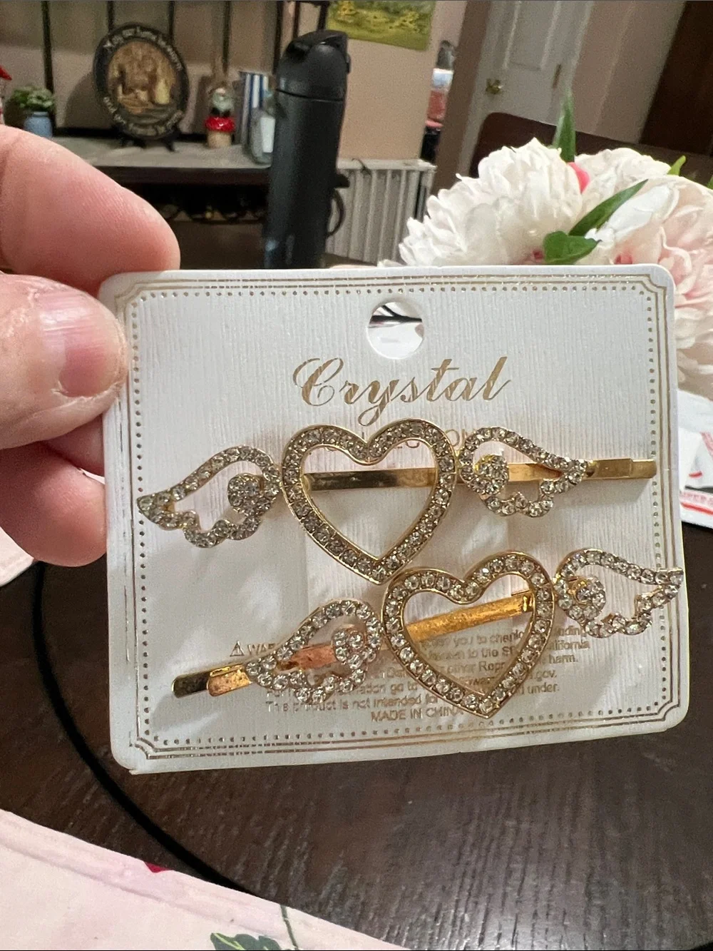 New Gold Heart & Wing Rhinestone Hair Clips - Set of 2